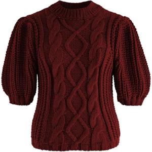 imageCHICWISH Womens MagentaTanWhite Bubble Sleeve Braided Ribbed SweaterBurgundy