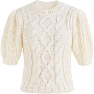 imageCHICWISH Womens MagentaTanWhite Bubble Sleeve Braided Ribbed SweaterWhite