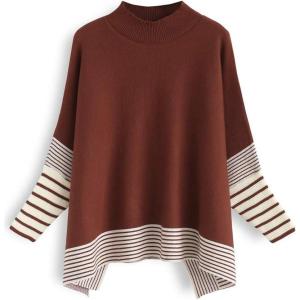 imageCHICWISH Womens MustardBlackCaramelOliveGrey Striped Oversize Soft Knit Cape Sweater PulloverCaramel