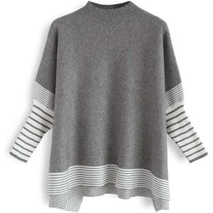 imageCHICWISH Womens MustardBlackCaramelOliveGrey Striped Oversize Soft Knit Cape Sweater PulloverGrey