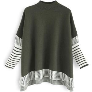imageCHICWISH Womens MustardBlackCaramelOliveGrey Striped Oversize Soft Knit Cape Sweater PulloverOlive