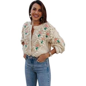 imageCHICWISH Womens PurpleCream Stitch Floral Diamond PomPom Hand Knit CardiganCream