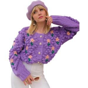 imageCHICWISH Womens PurpleCream Stitch Floral Diamond PomPom Hand Knit CardiganPurple