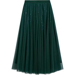 imageCHICWISH Sequins Tulle Skirts Elastic Waist Mesh Midi Holiday Flowy Layered Red SkirtDark Green