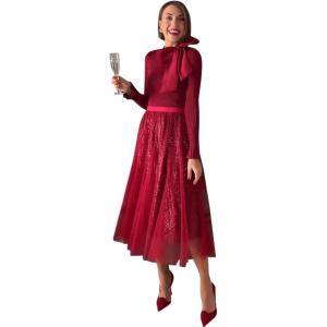 imageCHICWISH Sequins Tulle Skirts Elastic Waist Mesh Midi Holiday Flowy Layered Red SkirtRed