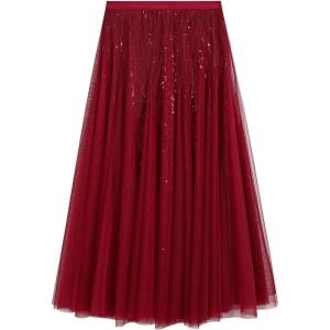 imageCHICWISH Sequins Tulle Skirts for Women Elastic Waist Mesh Midi Skirt Casual Flowy Layered Black SkirtRed