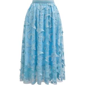imageCHICWISH Women 3D Butterfly Embroidered Mesh Tulle Midi Skirt High Elastic Waist ALine Fairy SkirtsBlue