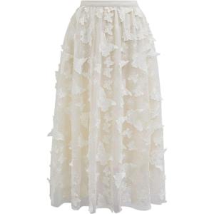 imageCHICWISH Women 3D Butterfly Embroidered Mesh Tulle Midi Skirt High Elastic Waist ALine Fairy SkirtsCream