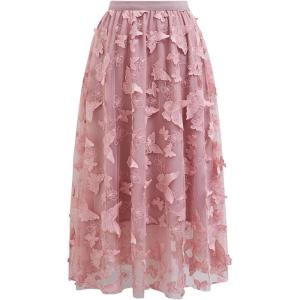 imageCHICWISH Women 3D Butterfly Embroidered Mesh Tulle Midi Skirt High Elastic Waist ALine Fairy SkirtsPink