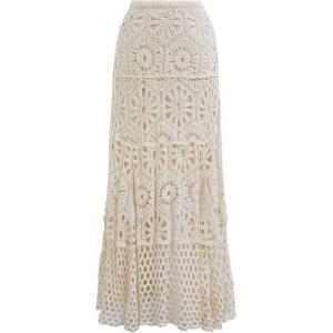 imageCHICWISH Women Bohemian Cutwork Crochet Maxi Skirt Hollow Out High Elastic Waist Summer Vacation Beach Long SkirtsSand