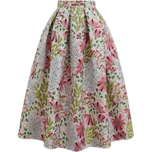 imageCHICWISH Women Daisy Field Pleated Midi Skirt Printed ALine Casual High Waist Swing Flared Vintage Skirts with PocketsGreen