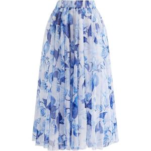 imageCHICWISH Women Mesh Tulle Skirt Indigo Lemon Printed ALine Fairy Midi Skirt High Elastic Waist Layered Casual SkirtsIndigo