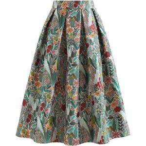 imageCHICWISH Women Pleated Midi Skirt Flower Pattern Casual High Waist A Line Swing Flare Summer SkirtsGreen