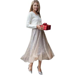 imageCHICWISH Women Tulle Mesh Sequin Skirts Elastic Waist Pleated Midi Skirt Sparkle Layered Flowy Fairy Tutu SkirtsYellow