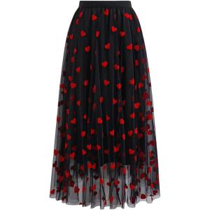 imageCHICWISH Women Valentines 3D Red Heart Print Mesh Tulle Midi Skirt Elastic High Waist ALine Cute Flowy Holiday SkirtBlack
