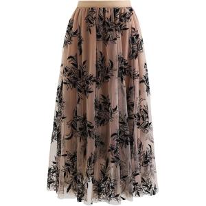 imageCHICWISH Womens Caramel 3D Leaf DoubleLayered Mesh Tulle Midi SkirtCaramel3d Leaf