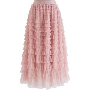 imageCHICWISH Womens GreyMint DotsPurpleRouge Pink Tiered Layered Mesh Ballet Prom Party Tulle Tutu Aline Maxi SkirtPinkmidi