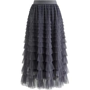 imageCHICWISH Womens GreyMint DotsPurpleRouge Pink Tiered Layered Mesh Ballet Prom Party Tulle Tutu Aline Maxi SkirtSmokemidi