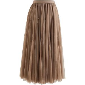 imageCHICWISH Womens LilacCreamGreyPinkBlack Layered Mesh Ballet Prom Party Tulle Tutu ALine Maxi SkirtBrowncrystal Embellished