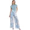 imageCHICWISH Women Wide Leg Pants Floral Printed High Elastic Waist Belted Summer Casual Long Trousers with PocketsBlue