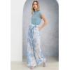 imageCHICWISH Women Wide Leg Pants Floral Printed High Elastic Waist Belted Summer Casual Long Trousers with PocketsBlue