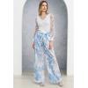 imageCHICWISH Women Wide Leg Pants Floral Printed High Elastic Waist Belted Summer Casual Long Trousers with PocketsBlue
