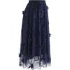 imageCHICWISH Womens 3D Mesh Flower Embroidered Tulle Midi SkirtNavy3d Mesh Flower