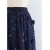 imageCHICWISH Womens 3D Mesh Flower Embroidered Tulle Midi SkirtNavy3d Mesh Flower