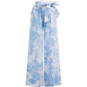 imageCHICWISH Women Wide Leg Pants Floral Printed High Elastic Waist Belted Summer Casual Long Trousers with PocketsBlue