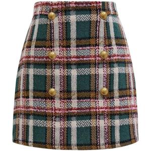 imageCHICWISH Women Wool Plaid Mini Skirt High Waisted Pencil Skirts Short Tight Bodycon Skirt with Golden ButtonsGreen