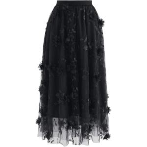 imageCHICWISH Womens 3D Mesh Flower Embroidered Tulle Midi SkirtBlack3d Mesh Flower