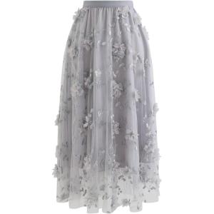 imageCHICWISH Womens 3D Mesh Flower Embroidered Tulle Midi SkirtGrey3d Mesh Flower