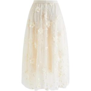 imageCHICWISH Womens 3D Mesh Flower Embroidered Tulle Midi SkirtLight Yellow3d Mesh Flower