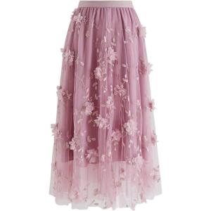 imageCHICWISH Womens 3D Mesh Flower Embroidered Tulle Midi SkirtLilac3d Mesh Flower