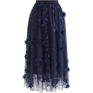 imageCHICWISH Womens 3D Mesh Flower Embroidered Tulle Midi SkirtNavy3d Mesh Flower