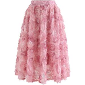 imageCHICWISH Womens 3D Pinky Rose Mesh Tulle Elastic Waist SkirtPink3d Mesh Rose