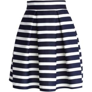 imageCHICWISH Womens Adorable Navy and White Stripe Pleated ALine Midi Prom Party SkirtBlack