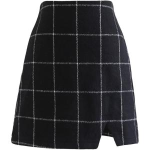 imageCHICWISH Womens Brown CheckBlackWhite Grid WoolBlend Mini Bud SkirtMini Skirtblack Grid