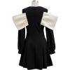 imageCHICWISH Women ColdShouder Midi Dress Big Bow Long Sleeve Elegant Dress Balck Flare Mini Dress with Side Pockets Black