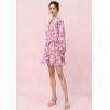 imageCHICWISH Women Floral Print Long Lantern Sleeves Mini Dress V Neck Button Summer Beach Vacation Frilling Dress with BeltHot Pink