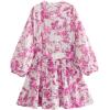 imageCHICWISH Women Floral Print Long Lantern Sleeves Mini Dress V Neck Button Summer Beach Vacation Frilling Dress with BeltHot Pink