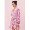 imageCHICWISH Women Floral Print Long Lantern Sleeves Mini Dress V Neck Button Summer Beach Vacation Frilling Dress with BeltHot Pink