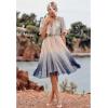 imageCHICWISH Women Gradient Pleated Mesh Tulle Midi Dress Elegant Ruffle Short Sleeve Button Down High Waist Summer Midi DressBlue