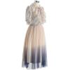 imageCHICWISH Women Gradient Pleated Mesh Tulle Midi Dress Elegant Ruffle Short Sleeve Button Down High Waist Summer Midi DressBlue