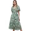 imageCHICWISH Women Leaves Printed Chiffon Midi Dress V Neck Flutter Sleeve Summer Wrap Dresses High Waist Casual Dress with BeltGreen