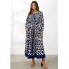 imageCHICWISH Women Long Sleeve Maxi Dress Floral Print Crewneck Casual Pleated Summer Long Dresses with Belt NavyNavy