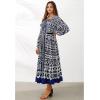 imageCHICWISH Women Long Sleeve Maxi Dress Floral Print Crewneck Casual Pleated Summer Long Dresses with Belt NavyNavy
