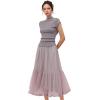imageCHICWISH Women Mesh Tulle Midi Skirt Piping Hem Elastic High Waist Flowy ALine DoubleLayered Pink Skirts