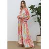 imageCHICWISH Women Printed Pleated Maxi Dress Long Bubble Sleeve Button Down Summer Casual Fashion Coral Long Dresses with BeltCoral