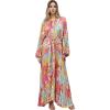 imageCHICWISH Women Printed Pleated Maxi Dress Long Bubble Sleeve Button Down Summer Casual Fashion Coral Long Dresses with BeltCoral